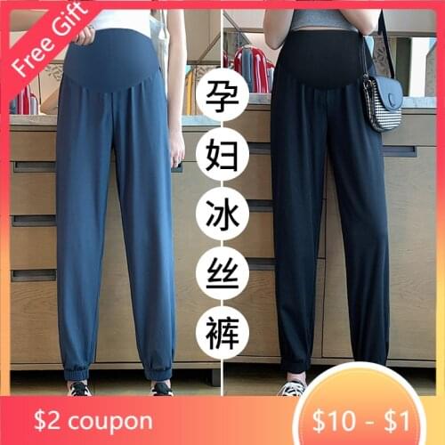 Summer Cool Ice Feel Maternity Jogger Pants Elastic Waist Belly Straight Loose Clothes for Pregnant Women Casual Pregnancy