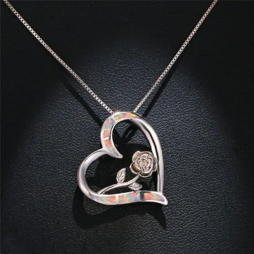 Cute Female Rose Flower Pendants Necklaces Classic Silver Color Wedding Necklace Blue White Love Heart Opal Necklaces For Women