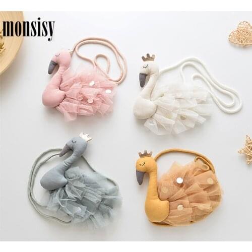 Monsisy New Swan Bag For Girl Purse and Handbag Children Wallet Lolita Shiny Lace Flamingo Crossbody Bag Princess Baby Coin Bags