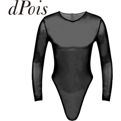 Mens See-Through Mesh Bodysuit Male One Piece Sexy Lingerie Long Sleeve High-Cut Thongs Back Zipper Leotard Jumpsuit Sleepwear