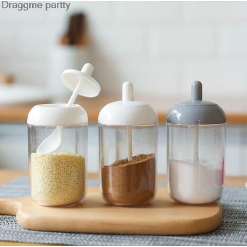 Spice Jar with Lid Spoon Set Plastic Herb Condiment Tins Salt Storage Container Seal Box Pepper Seasoning Cans Kitchen Organizer