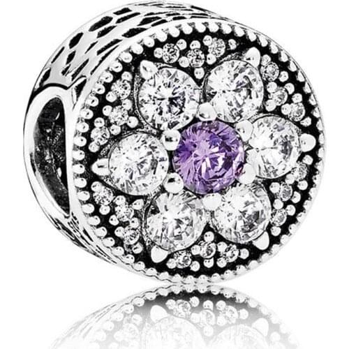 Forget Me Not Charm for Women Bracelet Bangle Girl Gift Purple & Clear CZ Bead Authentic S925 Silver DIY Jewelry