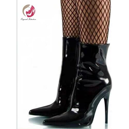 Original Intention Sexy Patent Leather Ankle Boots Woman Black Elegant Lady Stylish Boots Pointed Toe Thin High Heels Shoe Woman