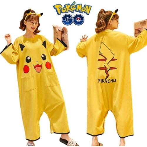 Pokemon Pikachu Nightdress Woman Spring Autumn Cartoon Anime Cute Pajamas Long-sleeved One-piece Girls' Home Service Homewear