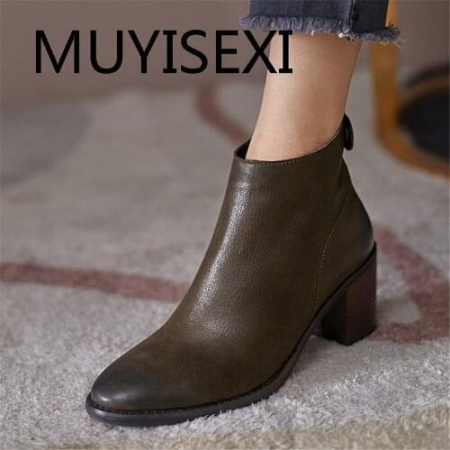 Full grain leather ankle boots round toe western boots zipper keep warm 6.5cm thick high heels streetwear concise TN46 MUYISEXI