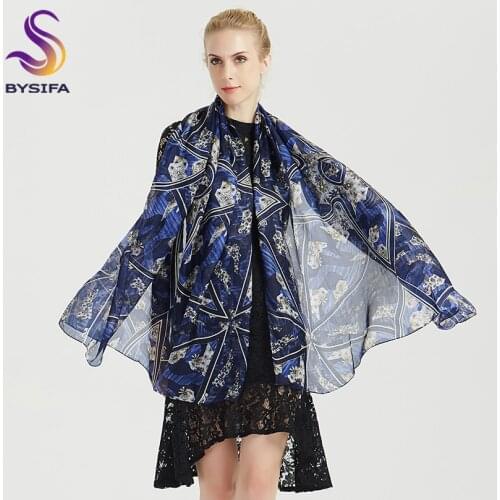 [BYSIFA] Brand Women 100% Silk Scarf Shawl Fashion Accessories Blue Long Scarves Wraps Winter Ladies Scarves Foulard 180*110cm
