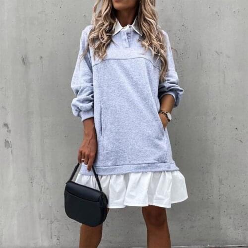 Women Autumn Winter Fashion Dress Turn-down Collar Long Sleeve Patchwork Buttons Sweatshirt Dress Warm Clothes For Female