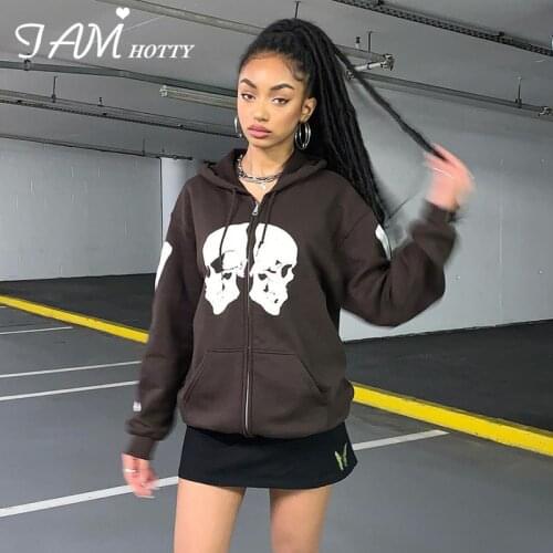 Skulls Print Zip Up Hoodie Women Gothic Loose Casual Hooded Sweatshirts Long Sleeve Tops Black Overshirt Vintage Jacket Iamhotty