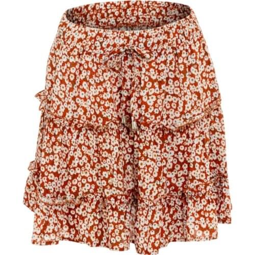 2021 Summer Autumn European American Womens High Waist Ruffle Floral Skirt Printed Beach A-line Skirt Girls Red Broken Flower
