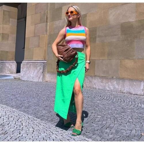 2021 new summer Za womens green retro Street casual skirt womens casual elegant split slim high waist mid length skirt