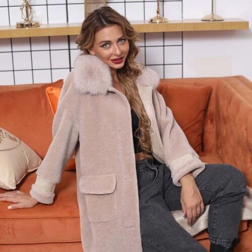 Winter Women Jacket Real Granule Sheep Shearing Coat Natural Warm Fox Fur Collar Thick Outerwear