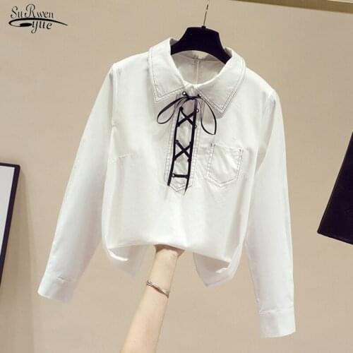 Office Ladies White Blouse Women 2021 Spring Lace Up Long Sleeve Shirt Tops Cotton Plus Size Blouses Women Casual Blusas 13124