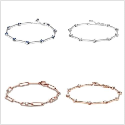 925 Sterling Silver Pan Bracelet Blue Sparkling Pave Bars Bracelet Fit Women Bead Charm Diy Fashion Jewelry