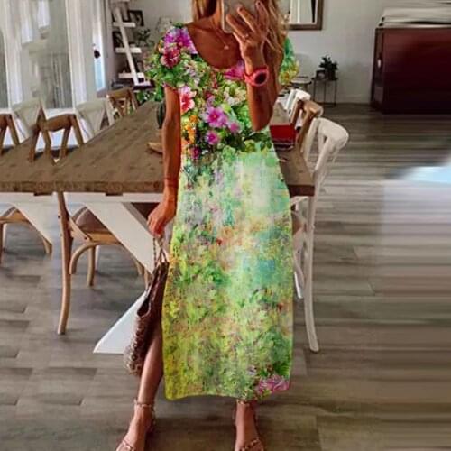 Hillsionly Plus Size Womens Summer Fashion Round Neck Landscape Print Ankle Short Sleeve Side Split Dresses For Women 2021