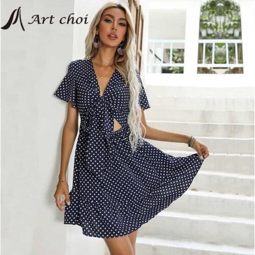 2021 Summer Beach Mini Dot Ruffle Dress Women Cross Hollow Out Bowknot Sexy V Neck Flare Sleeve Bodycon Vestido Office Dresses