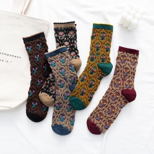1 Pair Women Cotton Flower Socks Spring Autumn And Winter Korean Kawaii Harajuku Socks Woman Middle Tube Socks Breathable Sox