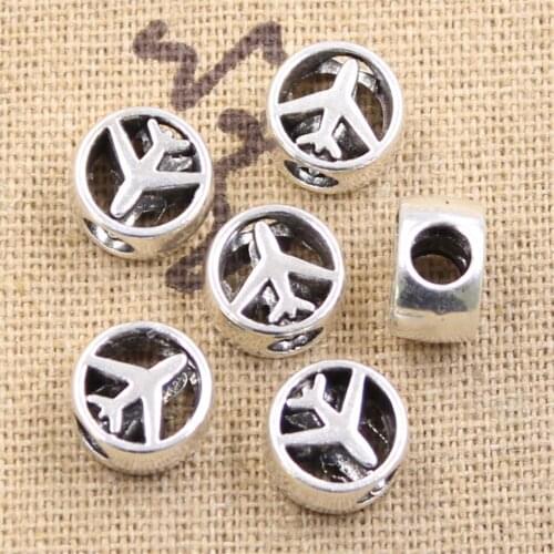 6pcs 11x7x11mm Airplane Plane 4mm Big Hole Bead Charm Fits Antique Silver Color Charm Bracelets Wholesale
