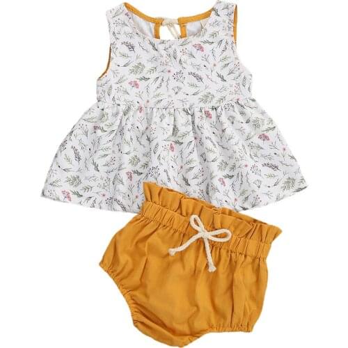 Citgeett Summer Newborn Baby Girls Shorts Set Floral Sleeveless Tops + Solid Yellow Ruffle Shorts 2Pcs Outfits Set
