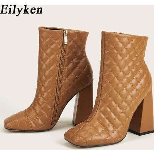Eilyken Winter Fashion Cozy Soft Grid PU Leather New Women Ankle Zipper Boots Square Toe High Heel Ladies Pumps Shoes Size 35-42