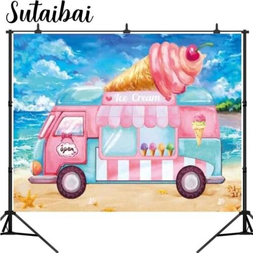Summer Ice Cream Pink Bus Illustration Photographic Background Blue Sky Sea Beach Birthday Baby Shower Decorative