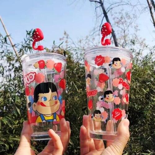 Japanese-style cute strawberry small balls glass water cup girl straw cup small fresh student drinking cup birthday gift