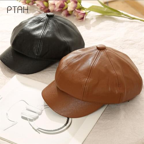 [PTAH] Fashion PU Octagonal Cap For Women Girls Beret Artist Hats Temperament Elegant Autumn Beanie Caps Vintage Beret Hats Caps