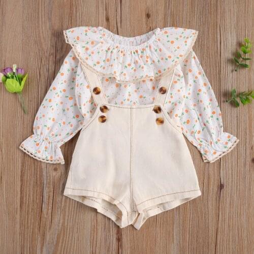 Pudcoco Newborn Baby Girl Clothes 2Pcs Outfits Girls Ruffled Crew Neck Sleeve Flower Leaf Shirt Printing Solid Button Overalls