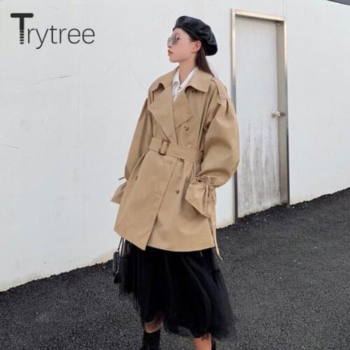 Trytree 2020 Autumn Womens Trench Coat Solid Turn-down Collar Double Breasted Pockets Belt Elegant Casual Womens Windbreaker