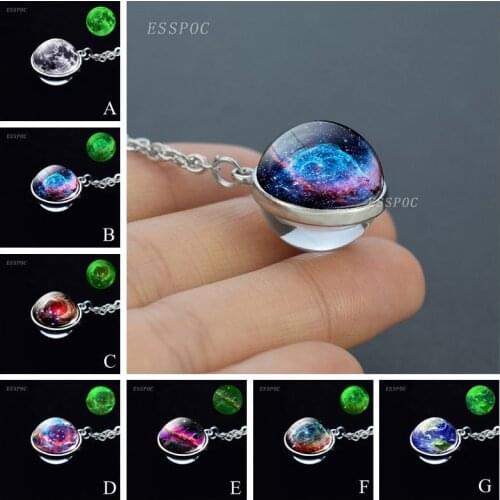 Glow In The Dark Galaxy Glass Ball Necklace Solar System Planet Sphere Pendant Chain Necklace Jewelry for Women