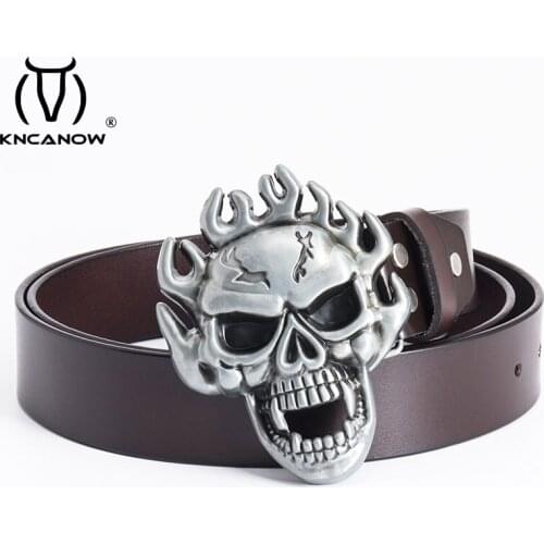 Man Belt Punk Style Men Performance Buckle Skull Head Silver Luxury Skeleton Pattern Genuine Leather Strap Jeans Gift For Male