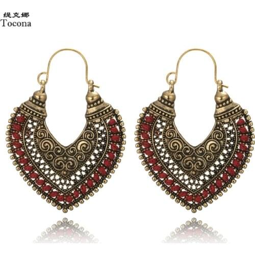 Tocona Vintage Antique Bronze Hollow Heart Carved Flower Drop Earrings for Women Alloy Dangle Earrings Brincos Jewelry 5886