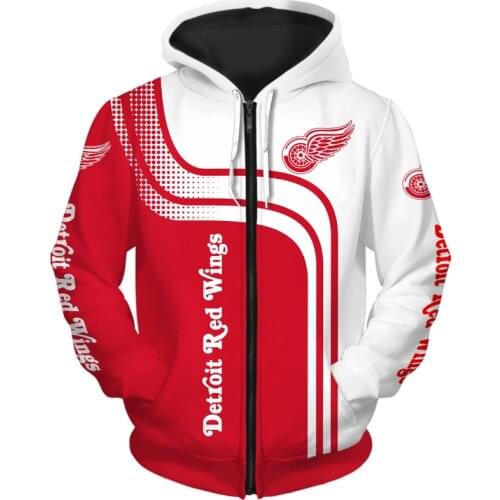 Detroit mens Fashion Long Sleeve 3D Red Wings Zip Hoodies Red White Curve Graffiti Spot Printing Sweatshirt