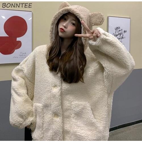 Hoodies Women Solid Kawaii Lovely Students Preppy Style Hooded Pockets Warm Oversize Loose Casual Korean Ins Ladies Harajuku New