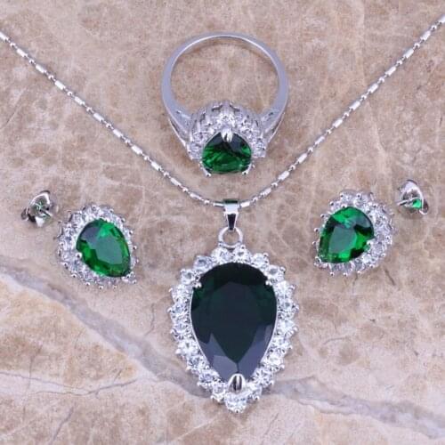 Superb Green Cubic Zirconia White CZ Silver Plated Jewelry Sets Earrings Pendant Ring Size 6 / 7 / 8 / 9 / 10 S0093