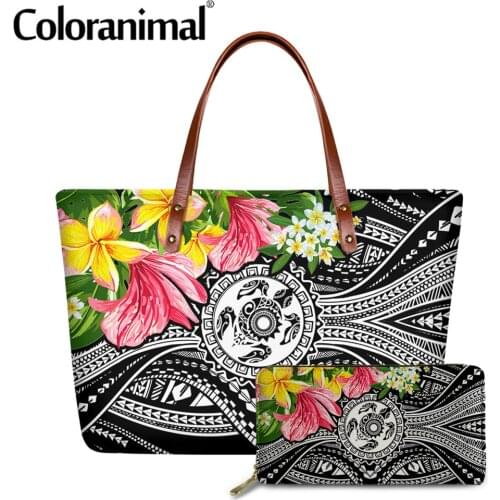 Coloranimal Tribal Style Hot Sale 2Pcs/Set Shoulder Bag&Wallet Samoan Polynesian Flower Printed Tote Handbag for Women Bolsa Hot