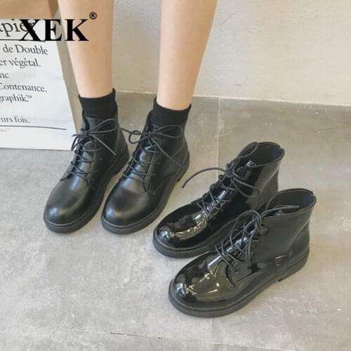 XEK Fashion European Style women Black Ankle Boots shoes Flats Round Toe Back shoes Boots PU Leather Woman Shoes ZLL529