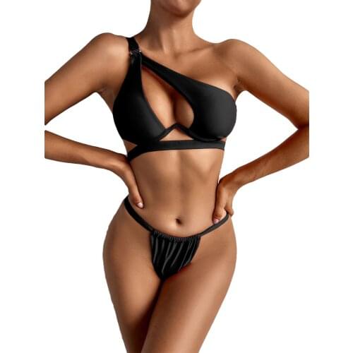 Womens Solid Color 2 Pcs Swimsuit, One-shoulder Front Hollowed Tops with Elastic Drawstring Triangle Bottoms