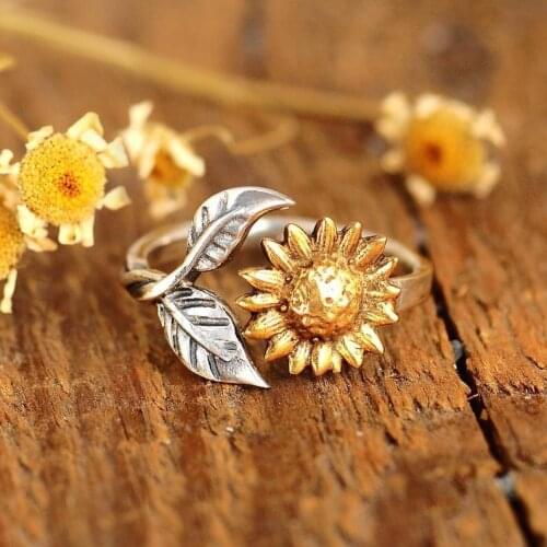 Womens Fashion Two Tone Sunflower Rings 'You Are My Sunshine' Couple Rings Birthday Gifts Party Rings Anniversary Jewelry