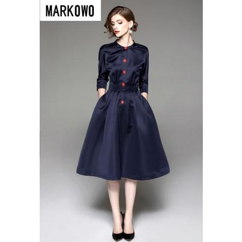 MARKOWO Desinger Brand 2020 Fall New Womens Hepburn Style Collar Seven-Sleeve Sleeve Mid-Sleeve Dress