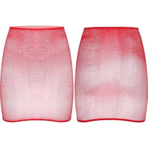 Women Sexy Mini Skirts See Through Bodycon Mesh Half Slip Dress Shiny Rhinestones Rave Dance Club Miniskirts Porno Sheer Skirt