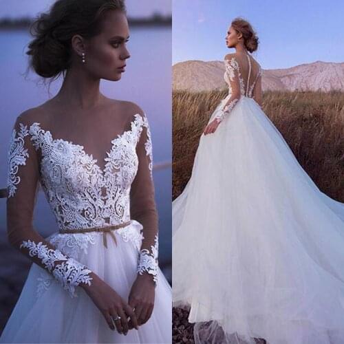 Fashion Long Sleeve Illusion Top Neck Appliques Wedding Dresses See Through Back Tulle vestido de noche bridal Dress