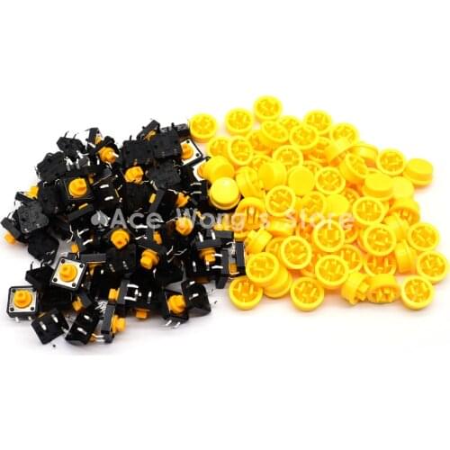 Free shipping,100PCS Tactile Push Button Switch Momentary 12*12*7.3MM Micro switch button + (100pcs Yellow Tact Cap)