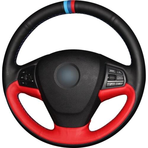 Black Red Natural Leather Light Blue Blue Red Marker Car Steering Wheel Cover for BMW F25 X3 2011-2017 F15 X5 2014