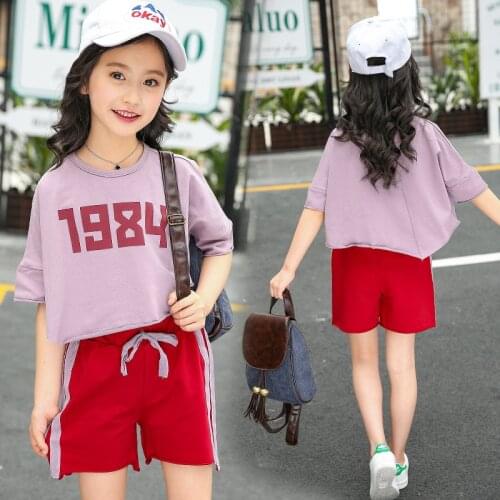 Kids girls clothes 2021 summer short sleeve 1984 loose t shirt + child leisure pants tracksuits 5 6 7 8 9 10 11 12 13 14 years