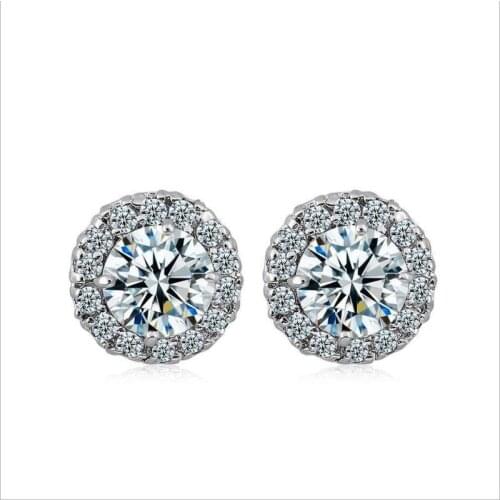 Exquisite Female Silver Plated Stud Earrings For Women Jewelry Shiny Zircon Round Stud Earrings Girls Bride Wedding Bijou