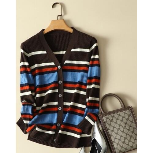 Knitted Striped Women Cardigan Autumn New 2021 V-Neck Long-Sleeved Loose Casual All Match Female Outwear Coats Tops