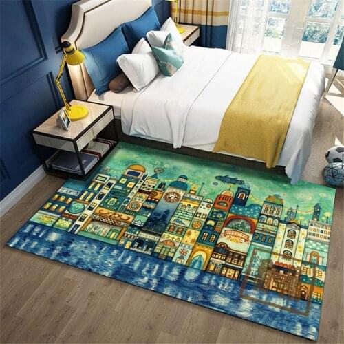 Cartoon Japan Style City night Landscape Pattern Carpet Kids Room Bedroom Bedside Rug Children Play Mat Machine Washable Cute