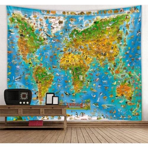Nordic Style Animal World Map Tapestry Wall Hanging Polyster Beach Towel Polyester Thin Blanket Yoga Shawl Colorful Mat