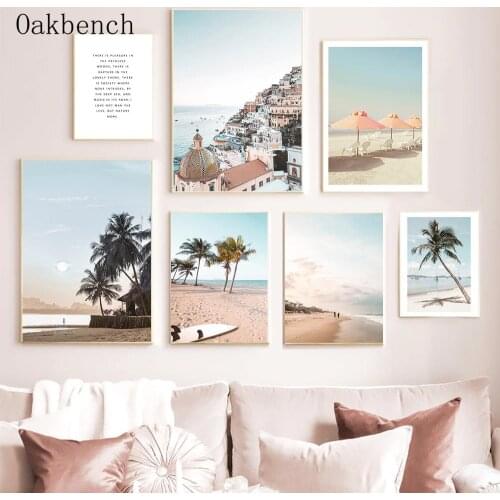 Landscape Wall Art Prints Coconut Tree Beach Canvas Painting Town Buildings Posters Nordic Wall Pictures Living Room Home Decor