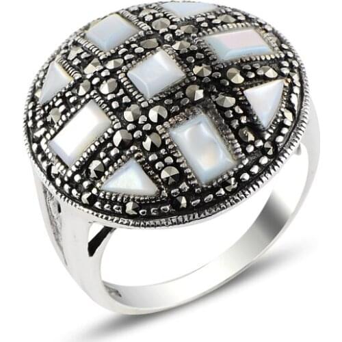 Silver 925 Sterling Pearl & Marcasite Ring